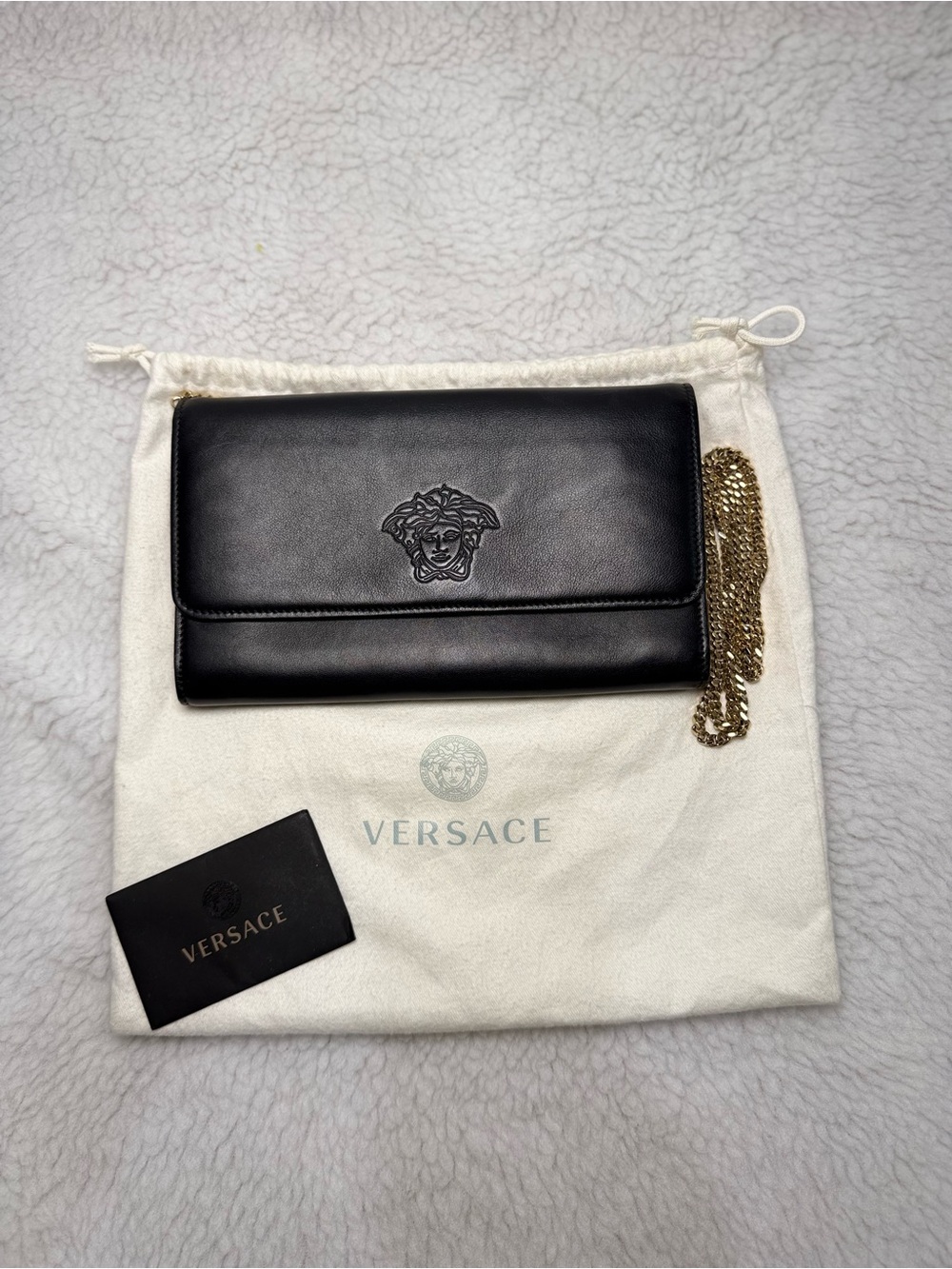 Versace black Palazzo Medusa flap clutch bag